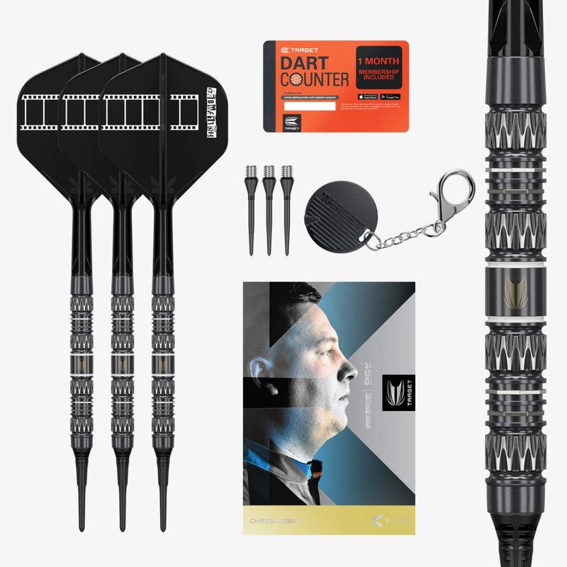 Target Chris Dobey 95K Softip 2026 – 18g Hochwertiges Dart-Set bestehend aus drei schwarzen Darts, Zubehör und Gebrauchsanweisung, ideal für Dart-Enthusiasten.